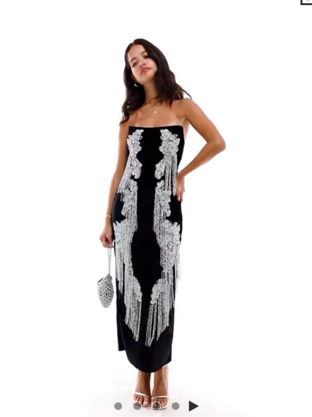 NWT Black Strapless Midi Dress with Silver Sequin Fringe: Size 14